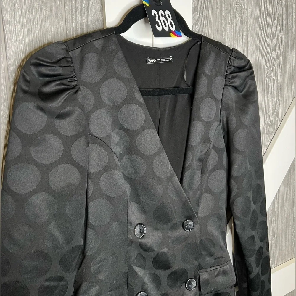 Zara Black Polka Dot Satin Blazer Dress - Picture 4 of 9